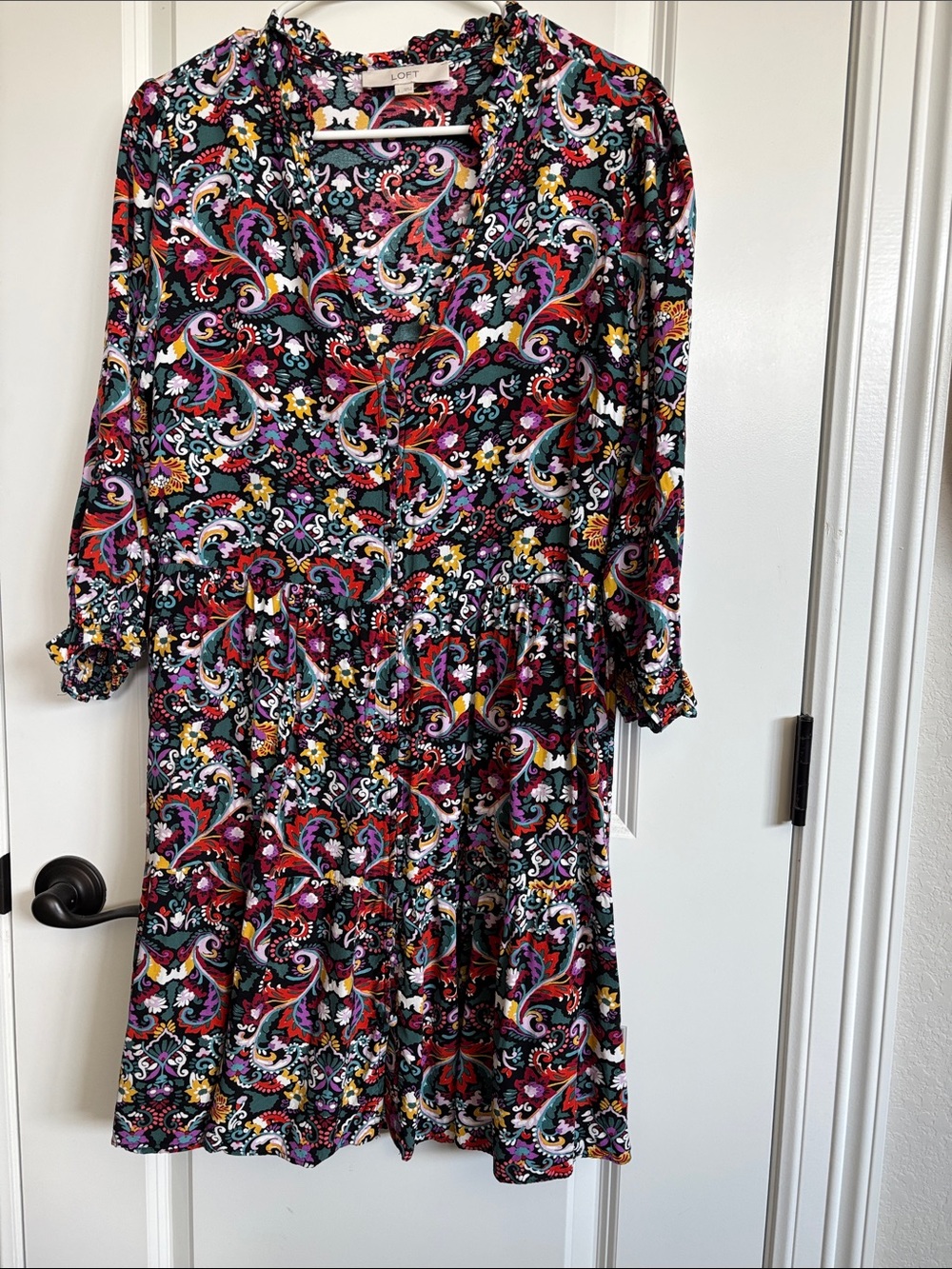 LOFT Black Multicolor Paisley Floral Tiered Long-Sleeve Dress